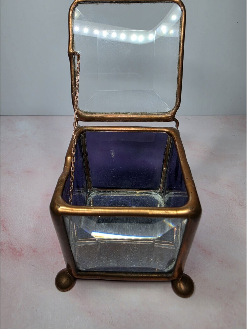 Vintage Purple Stained Glass Trinket Box Brass Hinged Footed Jewelry